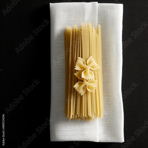 A portion of Italian selfmade Spaghetti on a white napkin with a few butterfly shaped bow pasta photo