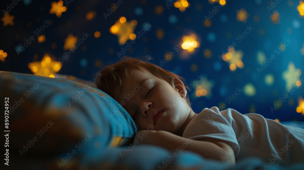 Side view of a beautiful and cute male toddler baby kid sleeping and resting at night in a dark room with blue and yellow glowing stars on the walls. Little newborn child sweet dreams, infant bedroom