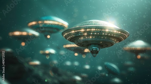 the attack of flying alien saucers-UFOs on the city. An army of UFOs swoops on residential buildings