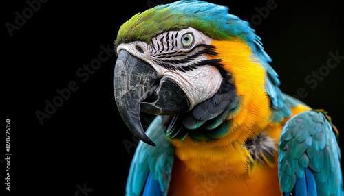 Colorful Blue and Yellow Macaw Parrot Against a Black Background A Close-Up Portrait