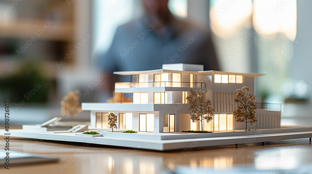 Businessman and futuristic 3d render model of a city houses or homes on a table in a real estate agency business office. Architecture building, residential property design, apartment housing concept Businessman and futuristic 3d render model of a city houses or homes on a table in a real estate agency business office. Architecture building, residential property design, apartment housing concept