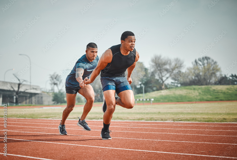 Fototapeta premium Relay, race and men with baton for teamwork, speed challenge and track sports event at arena. Synergy, collaboration and athlete partnership in running competition, fitness and support at stadium