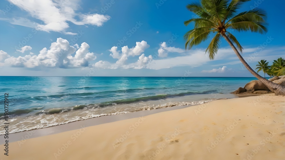 Exotic Beach Paradise: A beautiful tropical island background showcasing a pristine beach with golden sands, clear turquoise waters, and lush greenery, set against a bright and sunny blue sky.