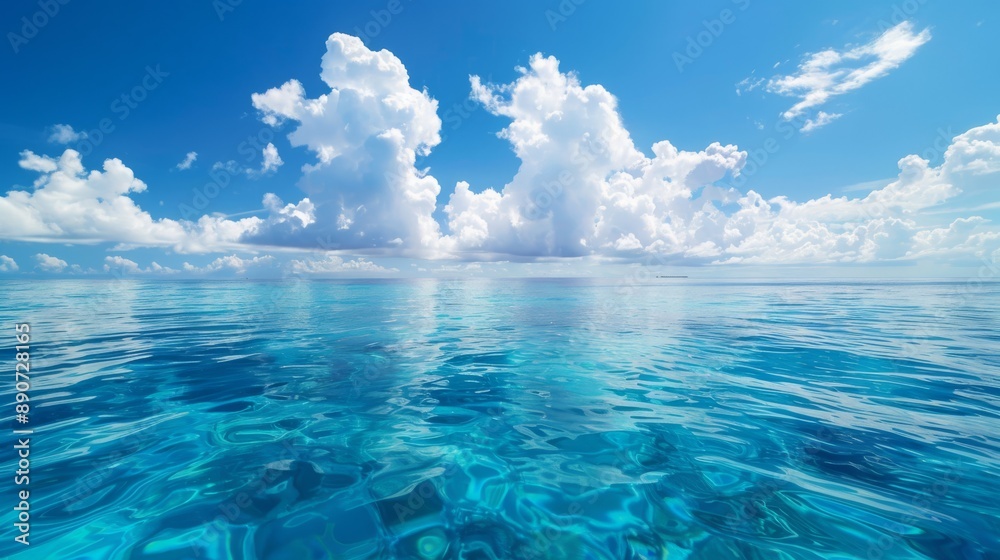 A breathtaking view of a tranquil ocean with crystal clear water and beautiful puffy clouds in the sky. A breathtaking view of a tranquil ocean with crystal clear water and beautiful puffy clouds in the sky.