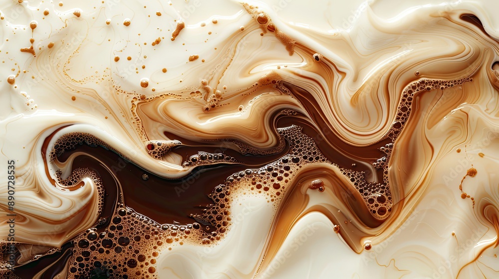 A swirl of brown and white liquid with bubbles