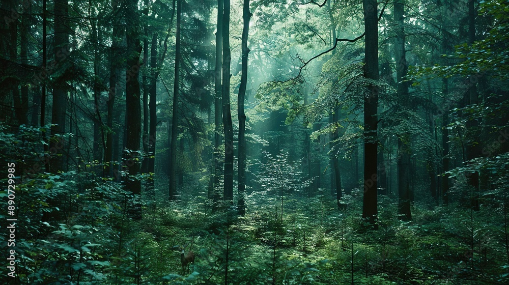 Obraz premium A dense forest brimming with towering trees adorned with abundant foliage atop their branches