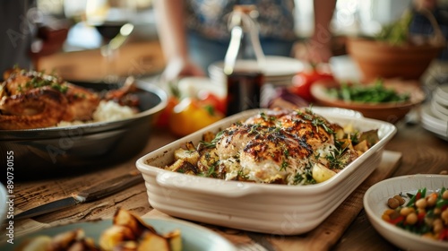 A deliciously prepared roasted chicken sits in a white dish amidst an array of roasted vegetables on a wooden table, with blurred background of diners and other plates. photo