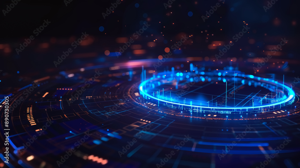 Digital blue and purple tech circle on dark background. Science, universe, futuristic digital technologies concept. Digital blue and purple tech circle on dark background. Science, universe, futuristic digital technologies concept.