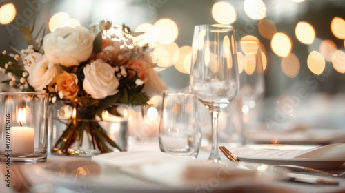 A luxurious table setup highlighting a sophisticated bouquet of white roses and warm candlelight, ideal for special occasions and elegant dining experiences.