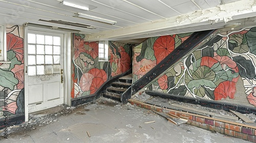  A mural graces the building's wall, depicting a stairway ascending to the second floor and a door nearby photo