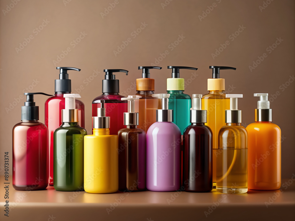 Vibrant unbranded bottles of assorted cosmetics, including shampoo and liquid soap, with sleek pumps, stand arranged on a clean surface, showcasing rich colors and textures.