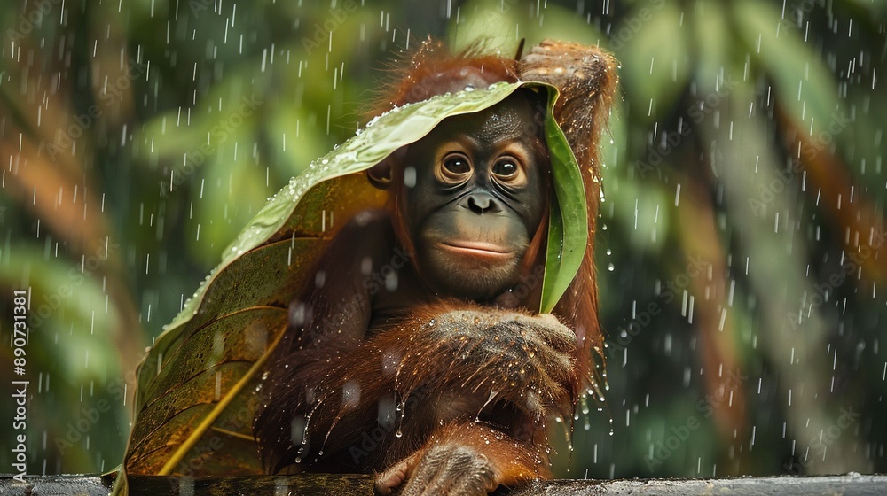 Obraz premium A monkey wearing a leaf on its head sits in the rain with that same leaf