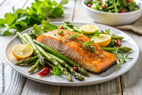 Baked salmon with green salad and asparagus on white plate, delicious, gourmet, fresh, seafood, dinner