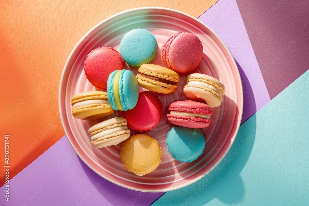 A plate of colorful macarons is displayed on a colorful background