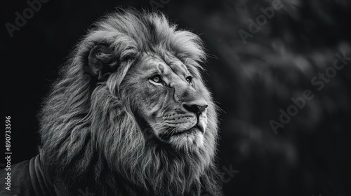   A photo of a lion's face in shades of black and white, surrounded by a blurry background of trees and vegetation