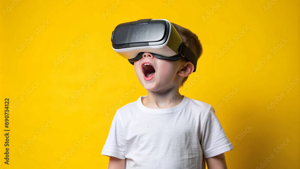 Amazed kid standing on yellow background, wearing virtual reality goggles. Child looking in VR glasses, experiencing 3D gadget technology. Simulator glasses, another reality concept. Generative AI Amazed kid standing on yellow background, wearing virtual reality goggles. Child looking in VR glasses, experiencing 3D gadget technology. Simulator glasses, another reality concept. Generative AI