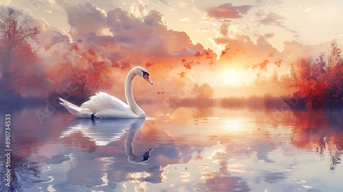 Fototapeta Naklejka Na Ścianę i Meble -  A watercolor painting of a serene swan gliding across a still lake at sunset, with the sky painted in shades of orange, pink, and purple.