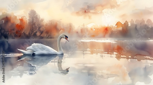 Fototapeta Naklejka Na Ścianę i Meble -  A watercolor painting of a swan gliding smoothly across a tranquil lake at sunset, with the sky filled with warm and soft pastel colors.