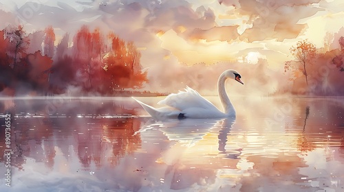 Fototapeta Naklejka Na Ścianę i Meble -  A watercolor painting of a swan swimming peacefully across a serene lake at sunset, with the sky painted in rich shades of gold, pink, and lavender.