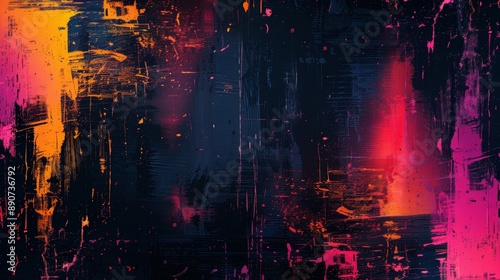 This abstract artwork bursts with vibrant colors including pink, orange, and yellow, on a textured dark backdrop.