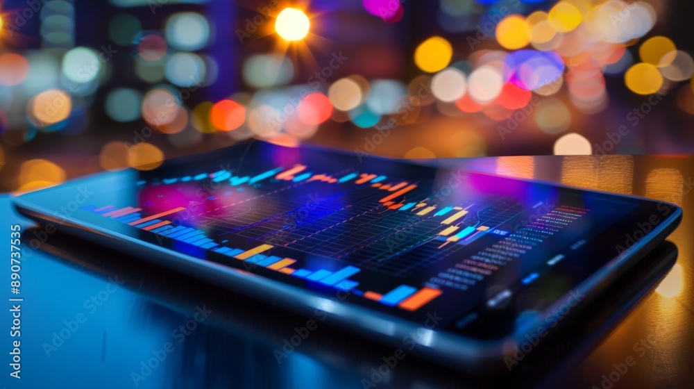 A digital tablet showing a candlestick chart with stock market indicators and analysis tools A digital tablet showing a candlestick chart with stock market indicators and analysis tools
