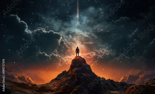 Man on top of a mountain observing the universe © Rawstock