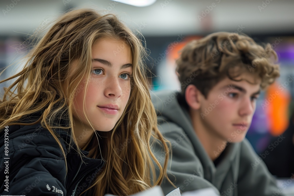 Young Woman and Man Sitting in a Classroom Young Woman and Man Sitting in a Classroom