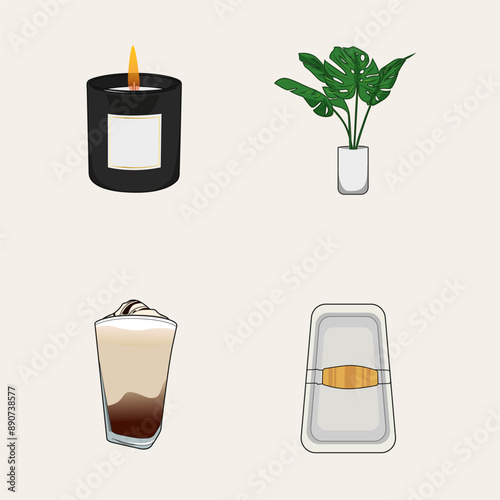 Aromatic candle vector illustration. Ayurveda,spa, wellness and beauty routine concept. Aromatherapy and ralax design elements.Home fragrances,cute hygge home decoration