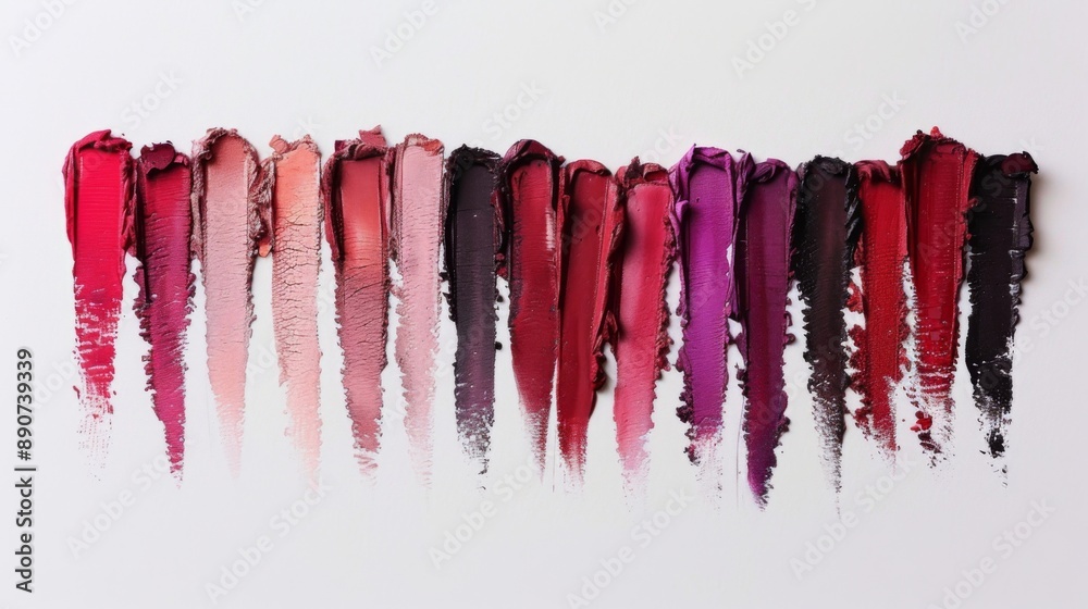 Fototapeta premium A flat lay of different lipstick shades with swatches on a white background, illustrating the variety and texture