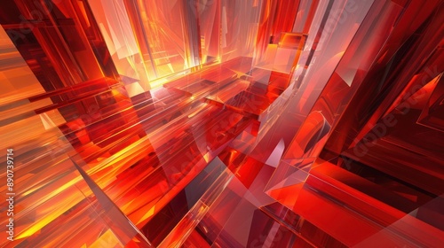 Stunning 3D abstract design with multiple dimensional layers in vibrant red and orange hues, featuring a blend of translucent and opaque elements photo