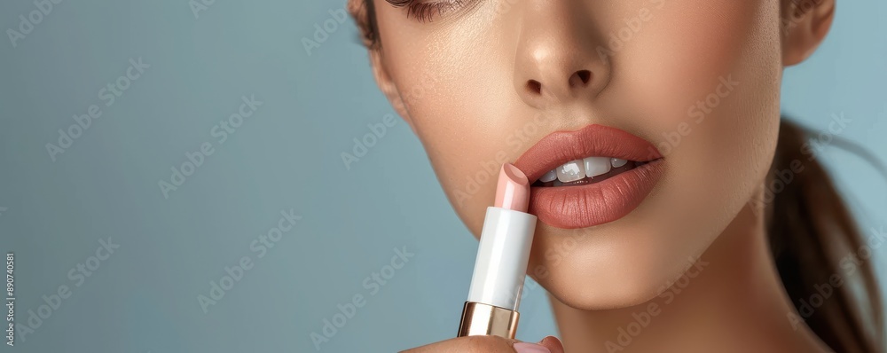 Woman applying nude lipstick, close-up of lips, smooth skin. Free copy space for text. Woman applying nude lipstick, close-up of lips, smooth skin. Free copy space for text.