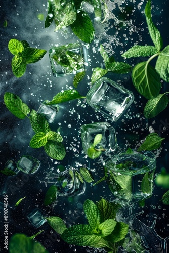 Mint leaves and ice cubes seem to float in the air, embodying the refreshing dynamics of a cooling cocktail. photo