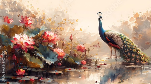 A watercolor painting of an elegant peacock with vibrant feathers fully displayed, standing in a lush garden filled with colorful flowers and greenery.