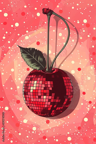 Cherry disco ball, illustration, on flat background photo