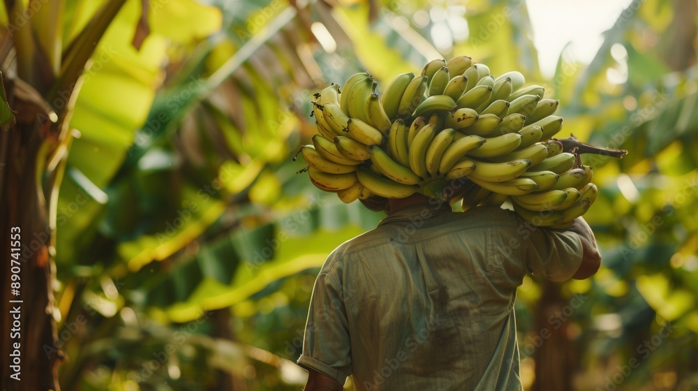 Fototapeta premium A farmer working carrying a branch of banana fruit in banana plantation farm field