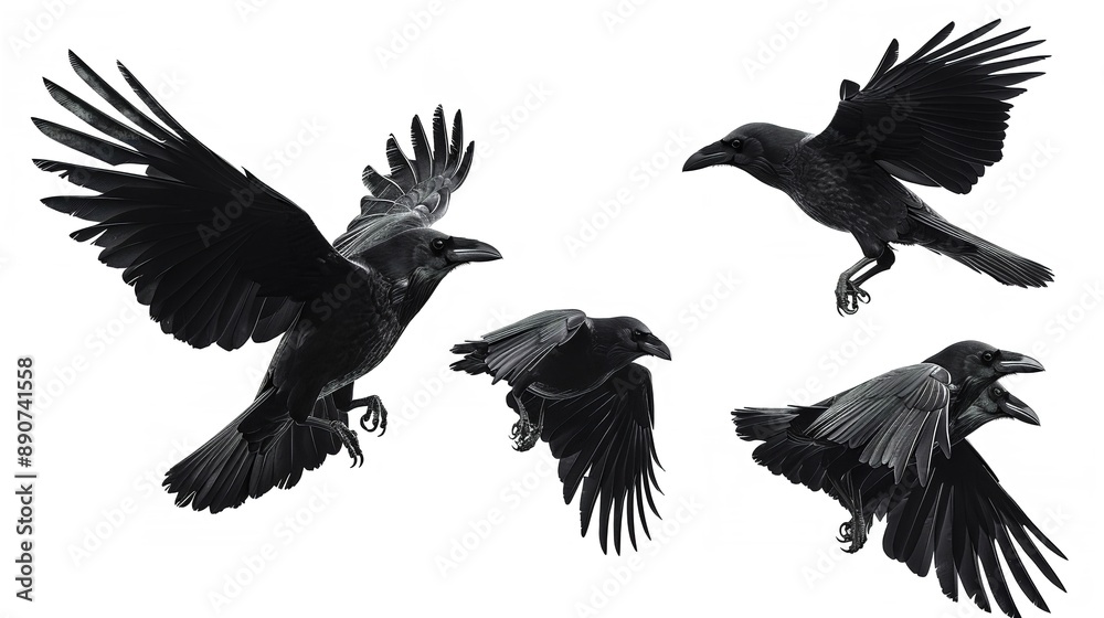 Fototapeta premium A group of black birds, including crows, gracefully flying in the air with a transparent PNG background.