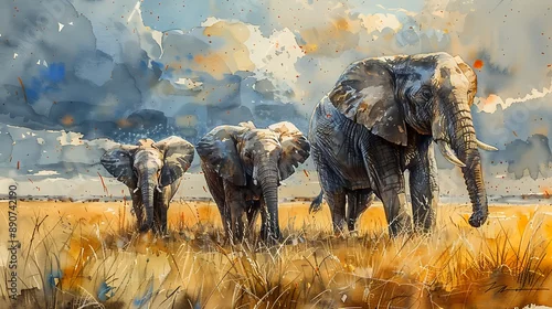 Fototapeta A watercolor painting of an elephant family moving gracefully through a sun-drenched savannah, with wildflowers dotting the landscape and mountains in the distance.