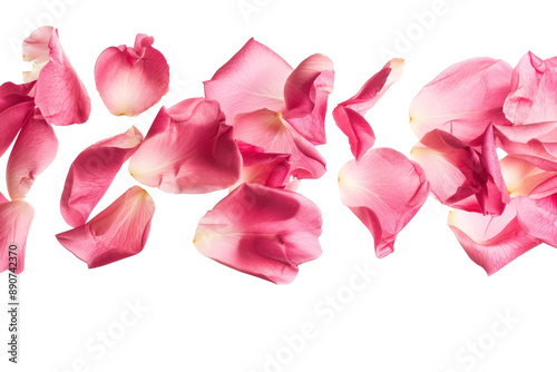 Bright pink rose petals floating in mid-air, isolated on a clean white background, showcasing their delicate texture and vibrant hue