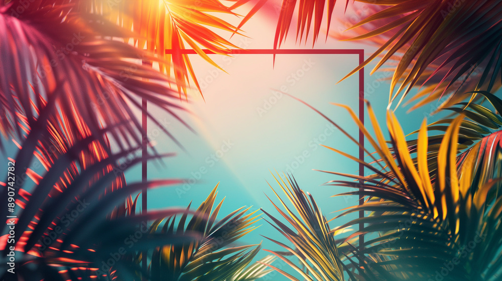 Tropical multi-colored palm tree leaves in sunset light background with text box in portal form Tropical multi-colored palm tree leaves in sunset light background with text box in portal form