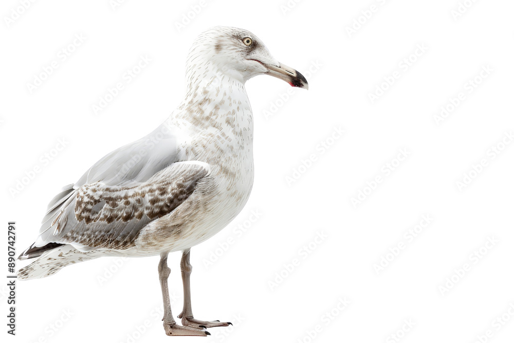 Close-up of a seagull standing, separated on a pristine white background, highlighting its sharp features and elegant plumage Close-up of a seagull standing, separated on a pristine white background, highlighting its sharp features and elegant plumage