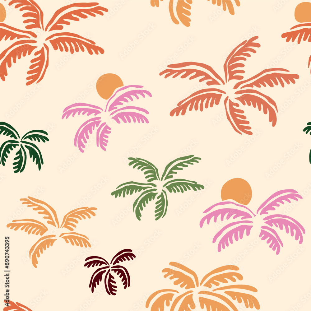 Cute colorful palm leaves seamless pattern. Vector summer exotic jungle plants repeat background, floral beach textile design, vacation mood print, tropical story design, sunset in the palm tree.