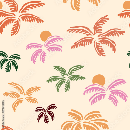 Obraz na płótnie Cute colorful palm leaves seamless pattern. Vector summer exotic jungle plants repeat background, floral beach textile design, vacation mood print, tropical story design, sunset in the palm tree. w salonie
