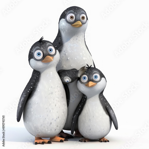 Three penguins are standing on a white background