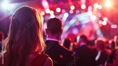 People at an award ceremony standing together on stage at a blurred event