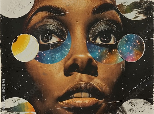 70s style poster, black woman with large head and eyes floating in the cosmos on three sun chrome spheres around her face, psychedelic