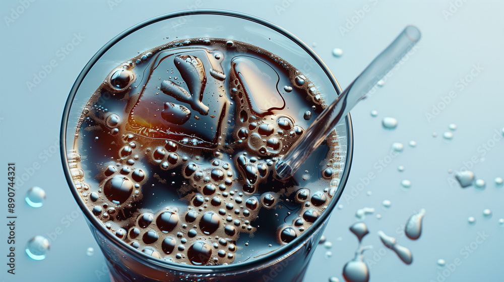 Close-up of a refreshing cola with ice cubes and bubbles Close-up of a refreshing cola with ice cubes and bubbles