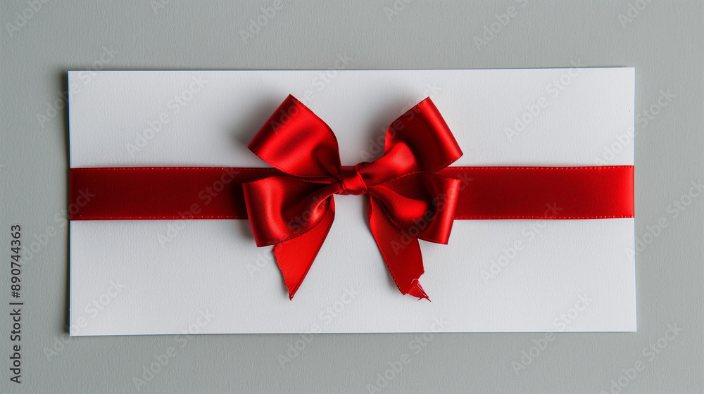 Red ribbon tied in a bow on a white gift card Red ribbon tied in a bow on a white gift card