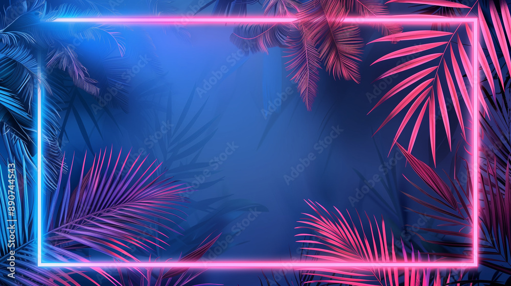 Neon tropical frame with vibrant palm leaves Neon tropical frame with vibrant palm leaves