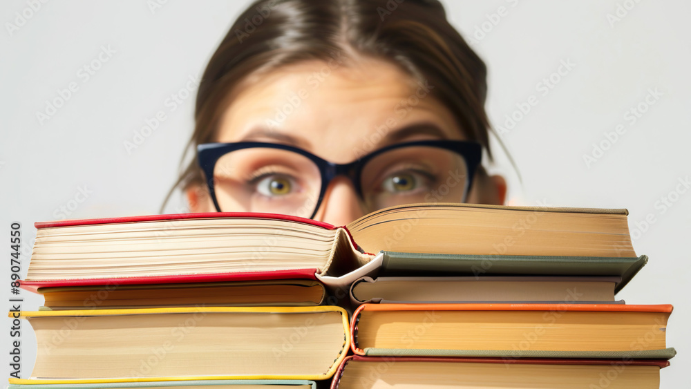 Young Woman with Glasses Peeking Over a Stack of Books Young Woman with Glasses Peeking Over a Stack of Books