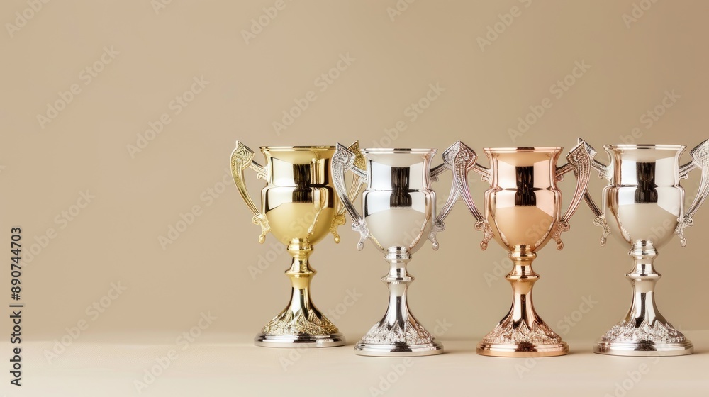 Shimmering trophies in gold, silver, and bronze stand proudly Shimmering trophies in gold, silver, and bronze stand proudly